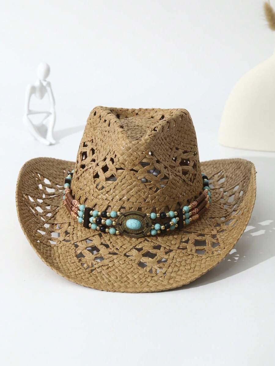 Cowboy Hat Straw - Unisex Straw Cowboy Hat With Turquoise