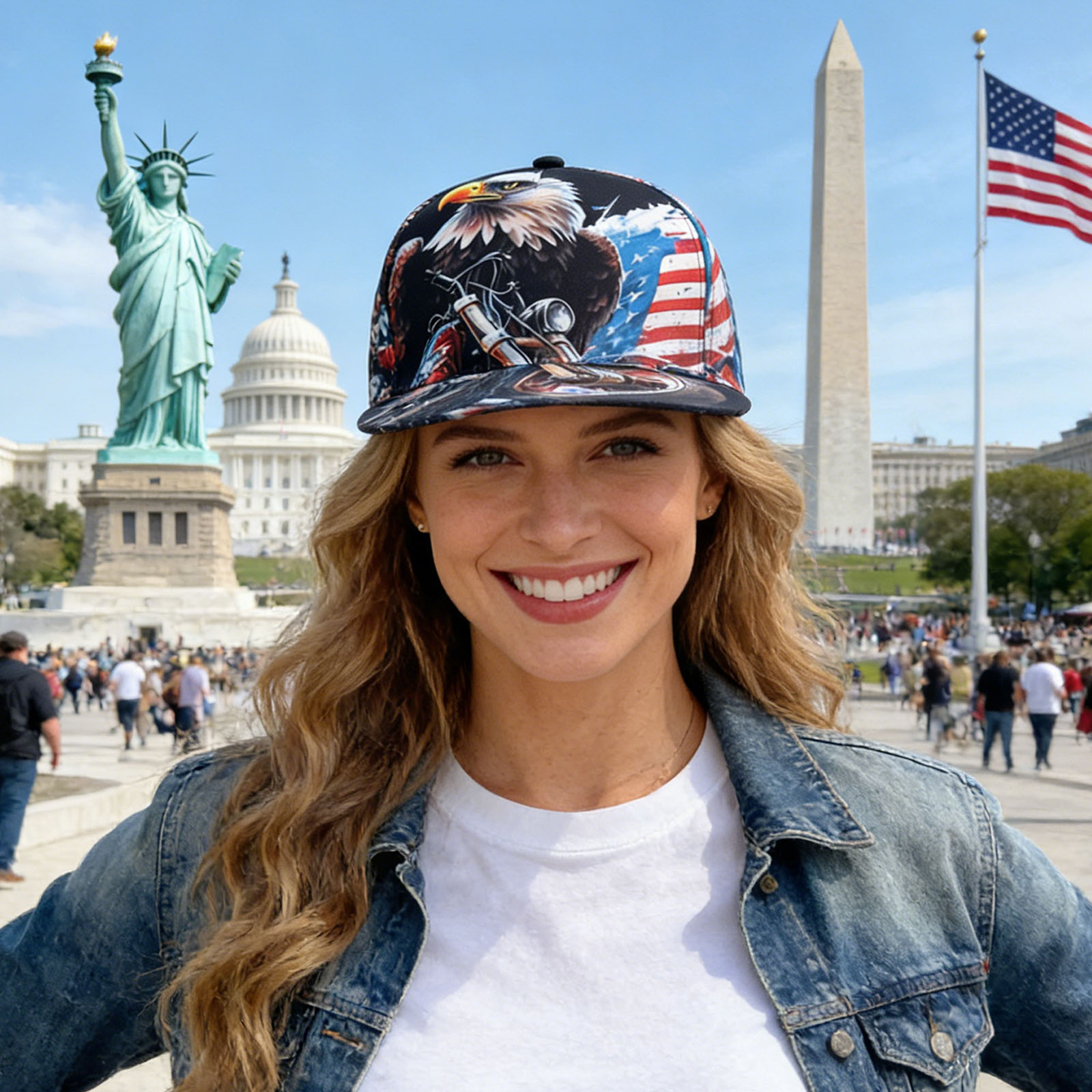 Snapback Hat Flat - USA Eagle Printed Unisex Flat Brim